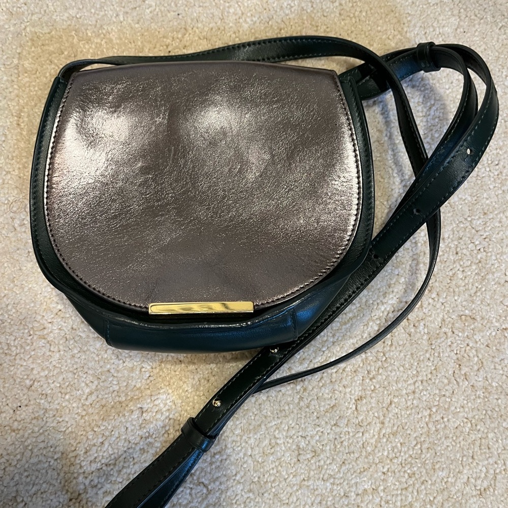 Cuyana crossbody bag; green and silver metallic